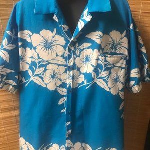 Hilo Hattie Hawaiian Mens Shirt Blue Floral Large